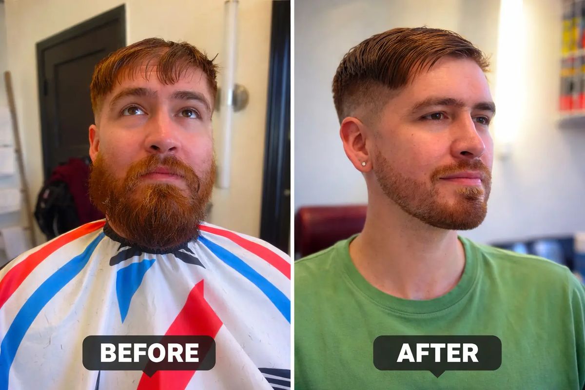 Before and after: a long full beard trimmed into a short, shaped beard with a fresh haircut
