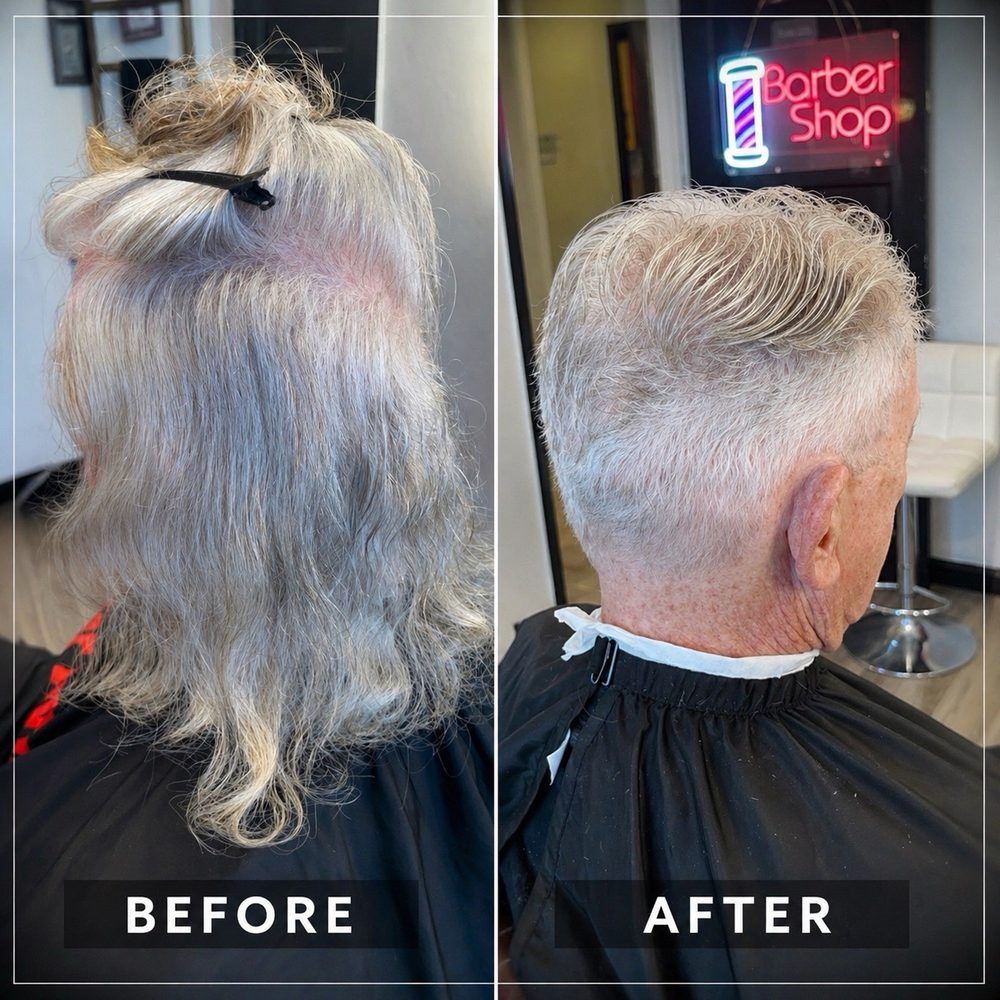 Before and after: long gray hair cut into a short, faded style